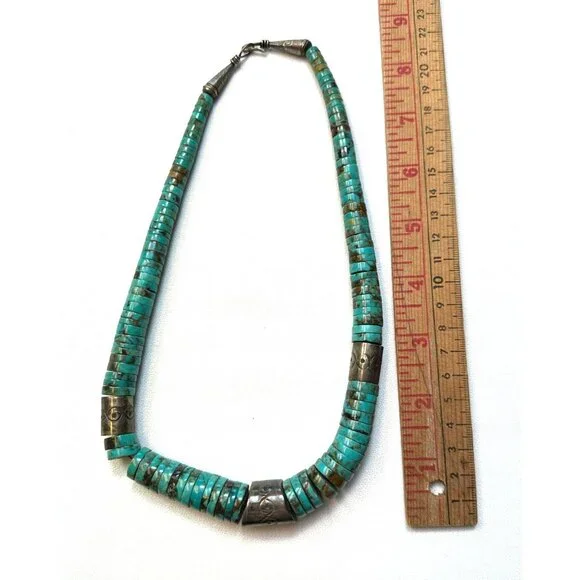 Vintage Native American Kewa Necklace Handmade Heishi Turquoise & Silver Beads - Picture 11 of 13